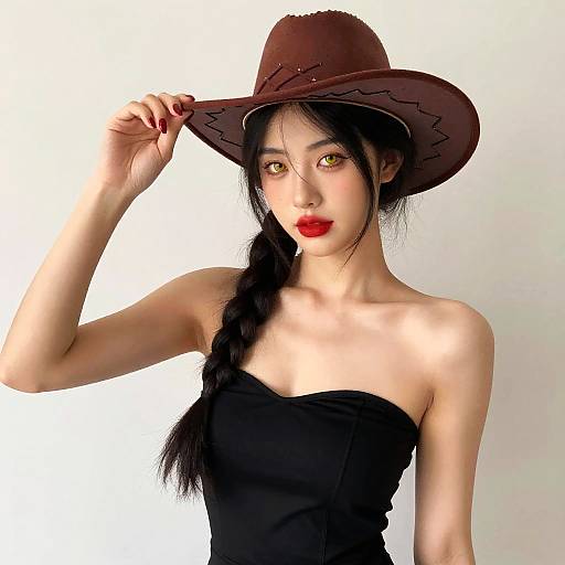 Digital artwork of an Asian woman with long black hair in a braid, wearing a brown cowboy hat and strapless black top, against a white background