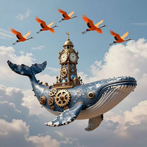 Surreal digital art of a blue whale with clock tower gears and five flamingos flying overhead against a cloudy sky.