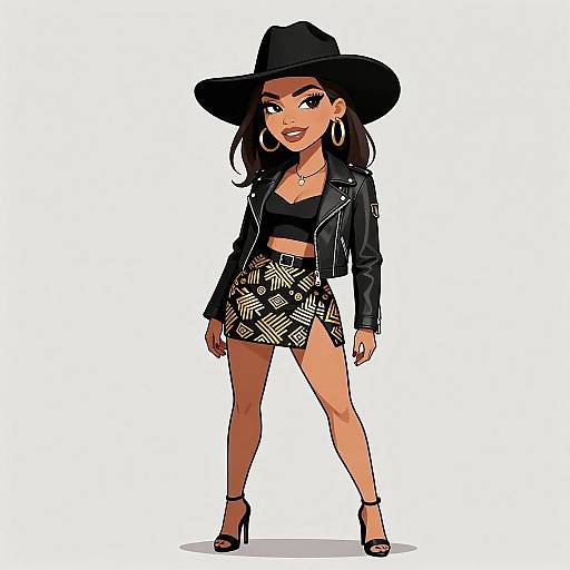 Digital illustration of a confident woman with tan skin, black hat, leather jacket, black crop top, patterned high-waisted shorts, and black