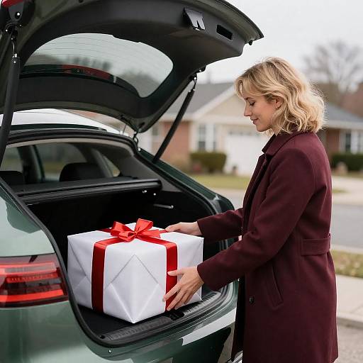 Blonde in Maroon Coat with Gift