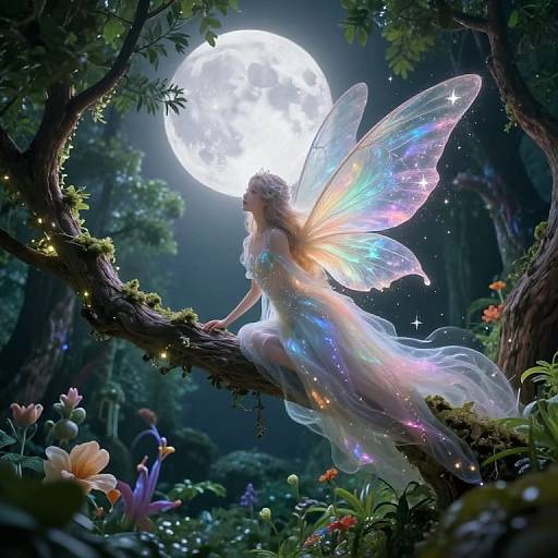 A radiant fairy with iridescent wings perches on a mossy branch under a glowing full moon in a magical, starlit forest.