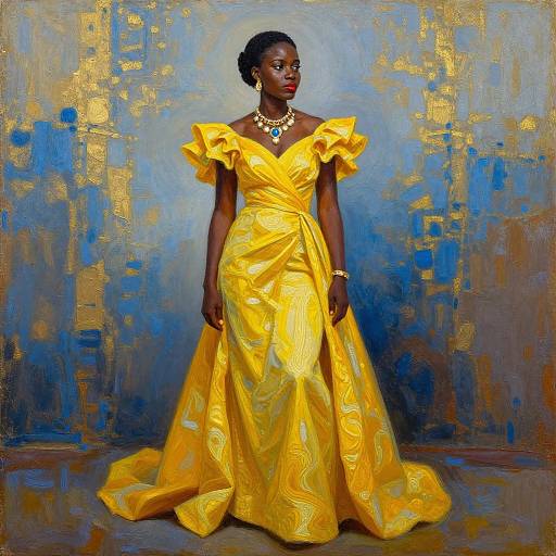 Photograph-style painting of a dark-skinned woman in an off-the-shoulder, vibrant yellow gown with ruffled sleeves, adorned with jewelry,