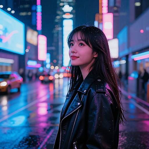 Photograph of a young Asian woman with wet, black hair wearing a black leather jacket, standing in a neon-lit, rainy urban street at night