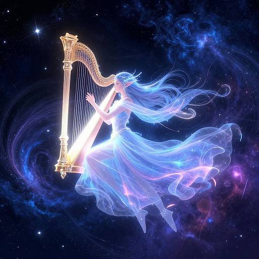 Digital art of ethereal woman with glowing blue hair playing a golden harp against a cosmic, starry backdrop with swirling nebulae.