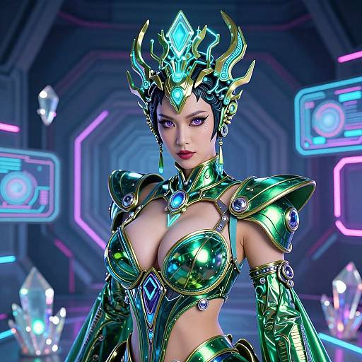 CGI fantasy image of a stunning, fair-skinned woman with purple eyes, wearing shimmering green and gold armor with blue gems, neon-lit