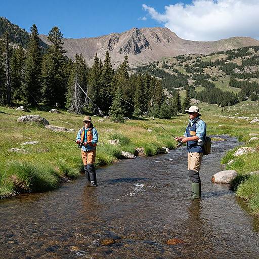 Photograph of two male fly fishermen in waders and hats standing in a clear mountain stream, surrounded by green grass and pine trees, with rocky mountains