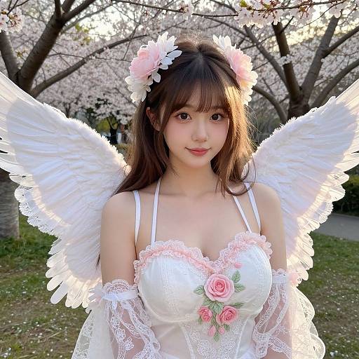 Photograph of an East Asian woman with long brown hair, wearing white angel wings, a floral headband, and a lace-trimmed white dress