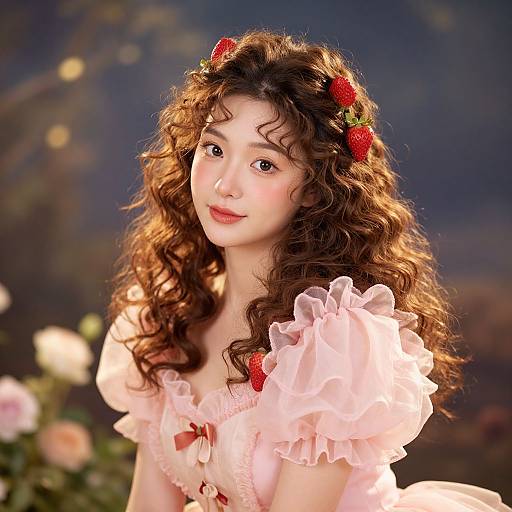 Curly-Haired Woman in Strawberry Adorned Dress