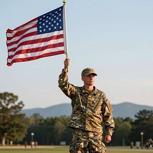 American Soldier with Flag Outdoors