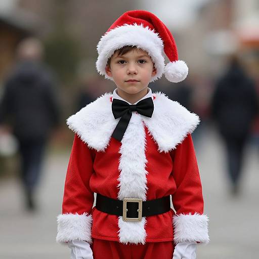 Photograph of a young boy in a red Santa suit with white fur trim, black bow tie, and hat, standing outdoors in a blurred, urban