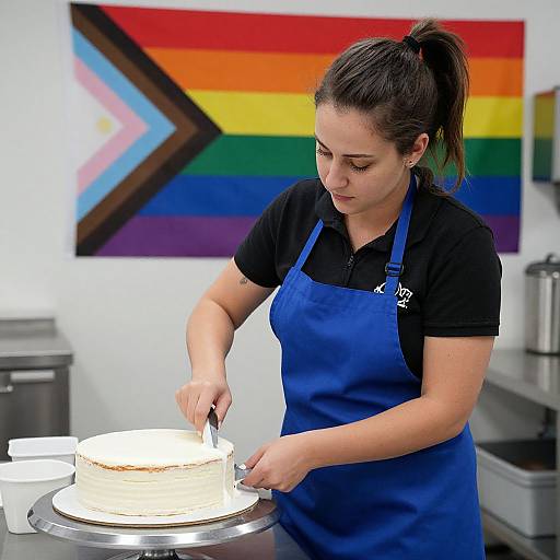 Photograph of a brunette woman with a ponytail, wearing a black polo and blue apron, icing a white cake in a modern kitchen with a