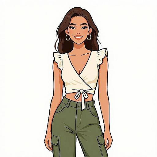 Digital illustration of a smiling woman with long brown hair, wearing a white tied crop top and green cargo pants, large hoop earrings, white background.