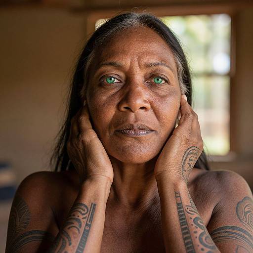 Close-up photograph of an elderly woman with dark brown skin, green eyes, and black hair, holding her cheeks, displaying intricate arm tattoos, against a