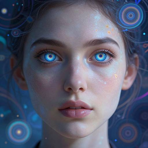 Photorealistic digital portrait of a young woman with glowing blue eyes, fair skin, and subtle star-like markings, set against a cosmic background with swirling