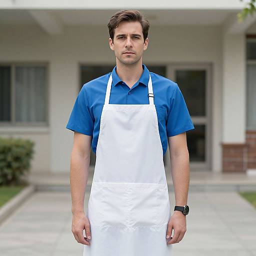 Photograph of a handsome, young white man with short brown hair, wearing a blue shirt and white apron, standing in front of a suburban house