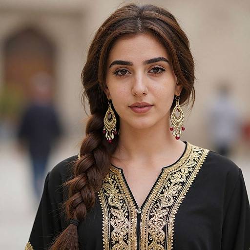 Photograph of a young woman with long brown hair in a braid, wearing a black embroidered top and gold teardrop earrings, standing outdoors with