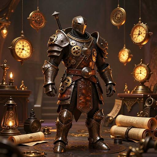 Photorealistic CGI of a heavily armored knight standing in a dimly lit, steampunk-inspired room with glowing clockwork lanterns and rolled parch
