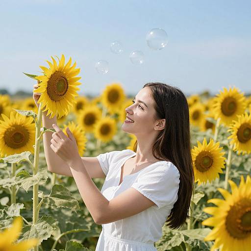 Woman Amid Sunflowers and Bubbles