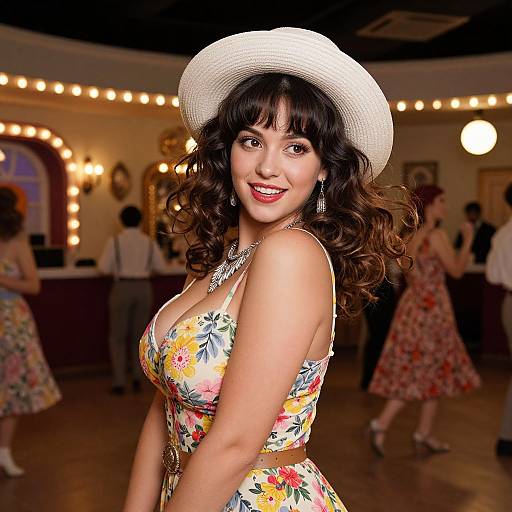Photograph of a smiling woman with curly brown hair, wearing a white sunhat, floral dress, and necklace, in a warmly lit, vintage-style