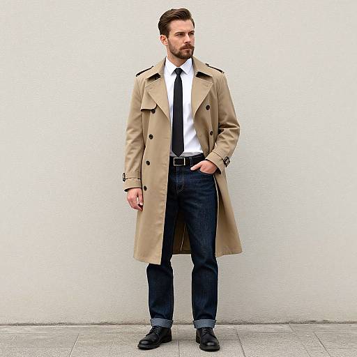 Photograph of a bearded man in a tan trench coat, white shirt, black tie, dark jeans, and black shoes, standing against a plain