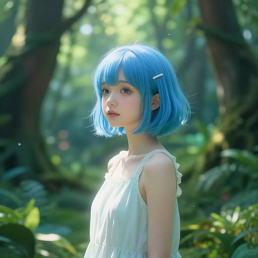Blue-Haired Girl in Enchanted Forest
