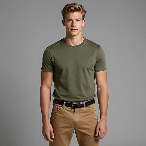 Young Man in Olive Green T-Shirt and Tan Pants