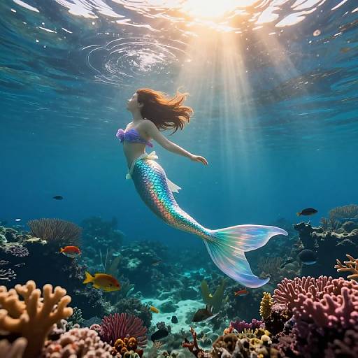 Photograph of a radiant mermaid with a shimmering blue and green tail, floating underwater among colorful corals and sunlit ocean.