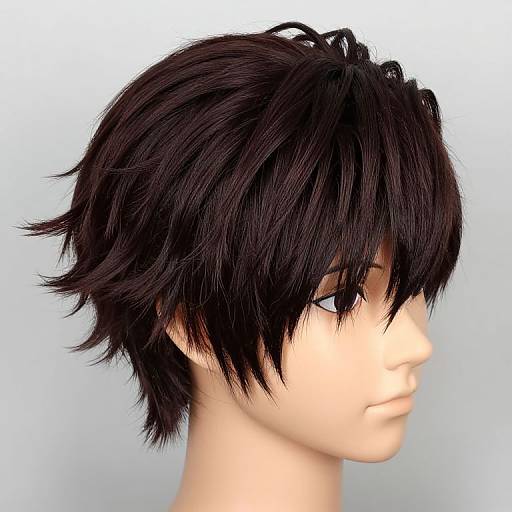 Digital CGI portrait of a pale-skinned male with messy, dark brown, spiky hair, blue eyes, and a neutral expression, against a light