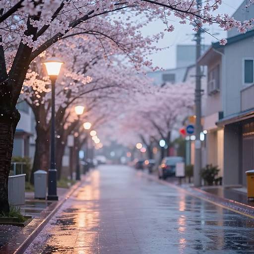 Photograph of a serene, wet, street lined with blooming cherry blossom trees, glowing street lamps, and reflective pavement at dusk.