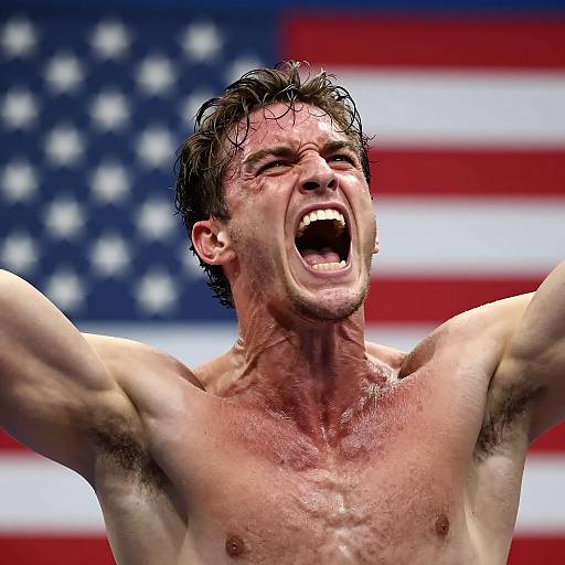 Intense Shirtless Man Shouting with American Flag