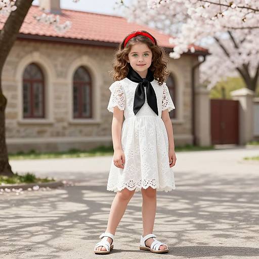 Young Girl in Lace Dress by Historic Building