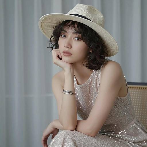 Woman in Wide-Brimmed Hat and Sparkly Dress