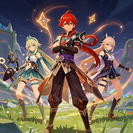Digital anime-style artwork of three fantasy warriors with vibrant colors, red-haired male in the center, blonde females on left and right, glowing energy, grass