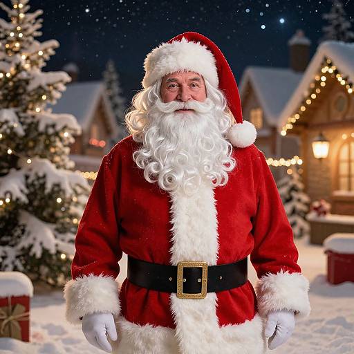 Photograph of a Santa Claus with a white beard and red suit, standing in a snowy, illuminated Christmas village at night.