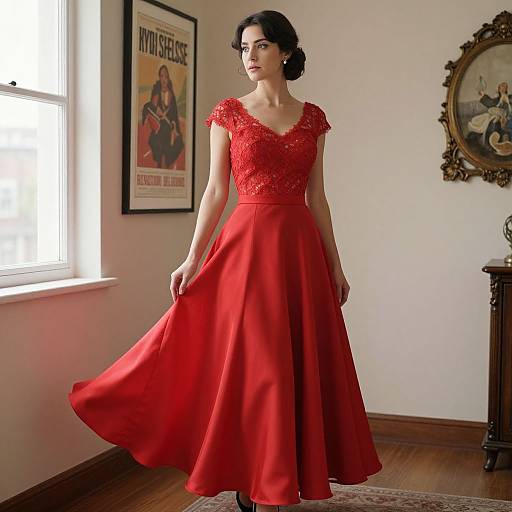 Photograph of a fair-skinned woman with dark hair in a red lace bodice and flowing skirt, standing in a sunlit room with vintage posters