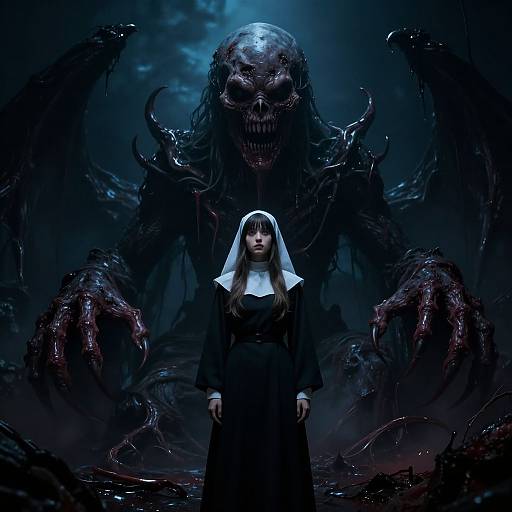 Digital art of a solemn nun with white veil, standing before a towering, grotesque monster with dark, twisted limbs and menacing grin. Dark, eerie