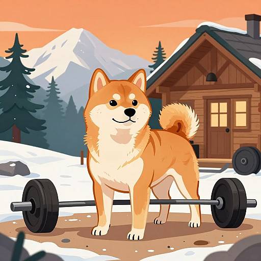 Cartoon-style drawing of an orange and white Shiba Inu dog standing on a barbell in a snowy mountain village with a wooden cabin and pine