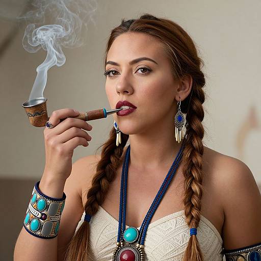 Photograph of a woman with braided brown hair, wearing a white lace top, blue and turquoise jewelry, smoking a hookah.
