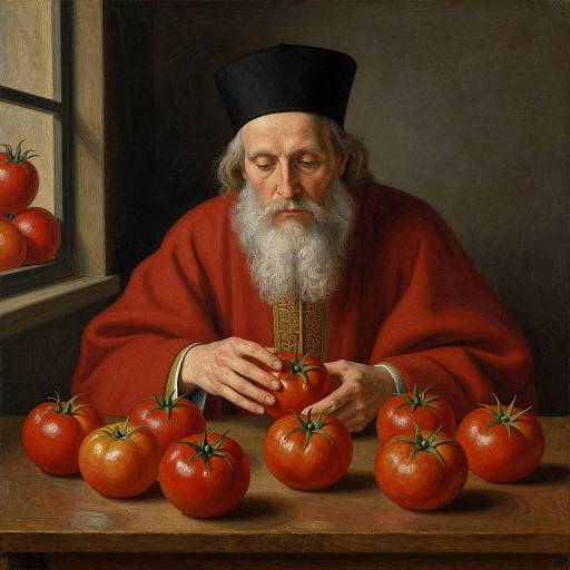 Photorealistic painting of an elderly white man with a white beard, black hat, and red robe, holding tomatoes on a wooden table.