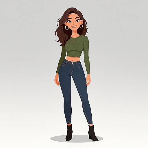 Digital illustration of a smiling woman with long dark hair, wearing a green long-sleeve crop top, dark blue jeans, and black ankle boots,
