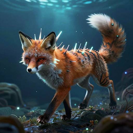 Digital artwork of a glowing, bioluminescent fox with spikes on its back, standing underwater with blue light filtering through the water.