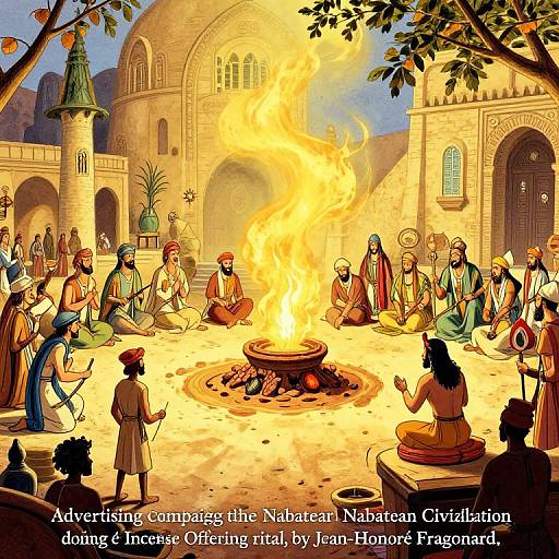Illustration of a nighttime gathering around a large, bright fire in an ancient Middle Eastern courtyard, with diverse robed figures seated and standing, surrounded by