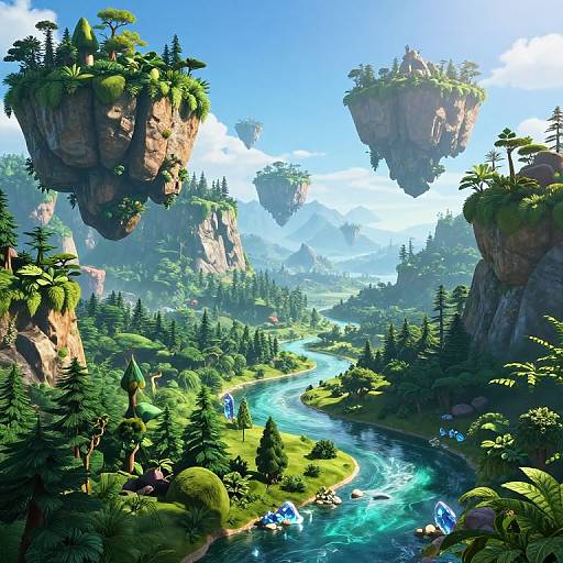 Vibrant digital fantasy landscape: towering tree-covered rock formations, lush green forest, winding turquoise river, blue sky, and distant misty mountains.