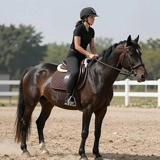Elegant Woman on Black Horse in Daylight