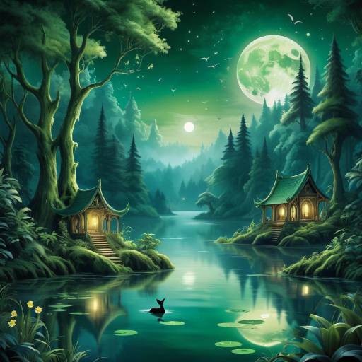 Enchanting Moonlit Forest and Lake Scene Enchanting Moonlit Forest and Lake Scene