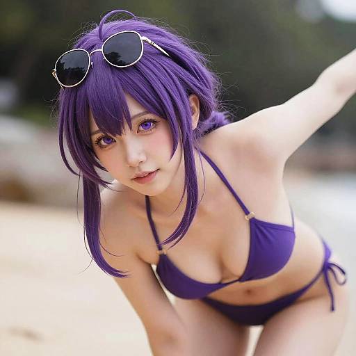 Photograph of an Asian woman with purple hair, wearing a purple bikini and sunglasses, leaning forward at the beach, with a blurred green and sandy background