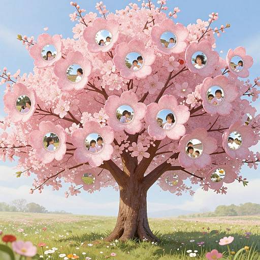 Photorealistic digital image of a pink cherry blossom tree with faces of multiple people reflected in its blossoms, set against a bright blue sky and green