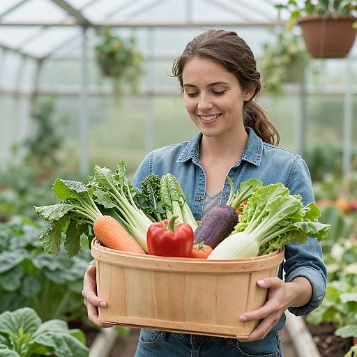 Woman Harvesting Vegetables in Greenhouse