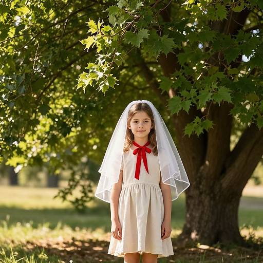 Girl in Beige Dress by Tree