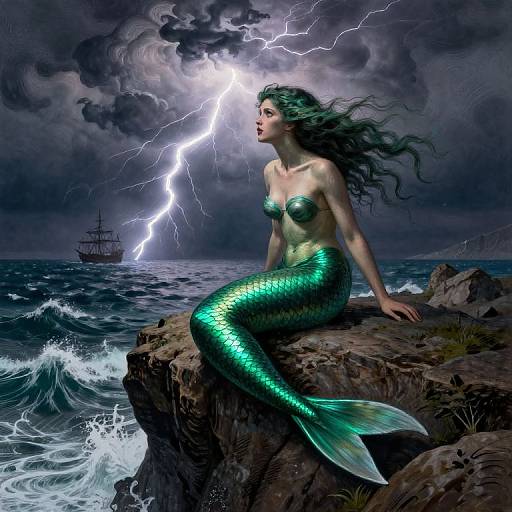 Emerald Mermaid on Stormy Cliff